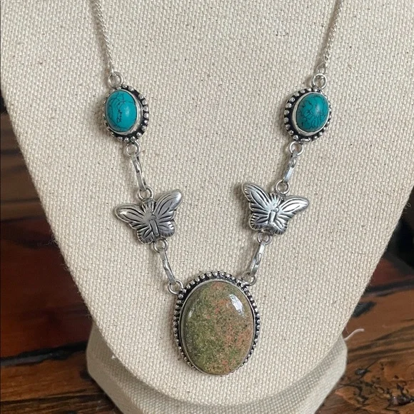 Elegant Silver and Turquoise Butterfly Necklace - Picture 2 of 4